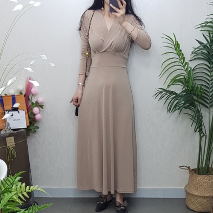 제이후 가을 브이넥 랩 허리끈 하객 오피스 A라인 맥시 롱 플레어 원피스