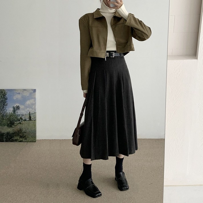 순이 S.여성 모직 무드 플리츠 벨트 롱 스커트