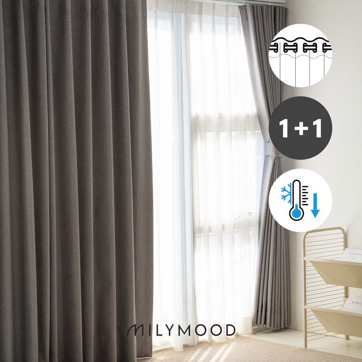 밀리무드 100 빛차단 깊은잠 암막커튼 2p  커튼끈 2p 아일렛