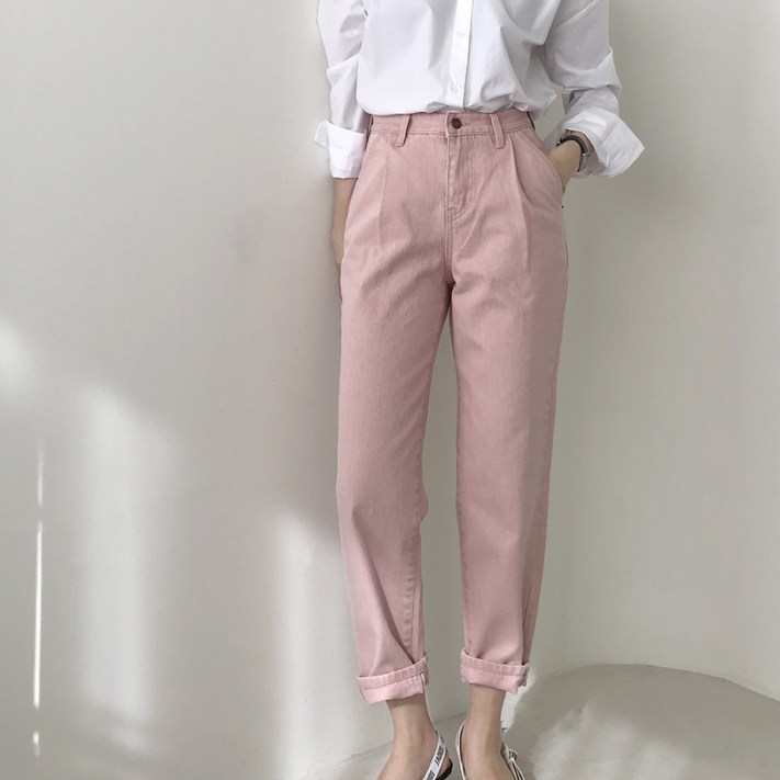 나이브 실루엣 내추럴 코튼 더블 핀턱 보이핏 데님 면 팬츠