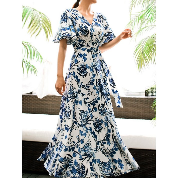 푸른 꽃의 전설 여신 핏 롱 스판 랩 원피스  77 까지 가능