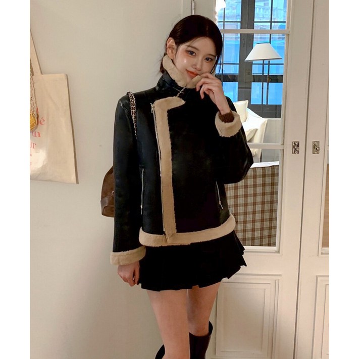 워너비뮤즈   꾸안꾸 전체퍼안감 레더 무스탕 자켓 하이넥