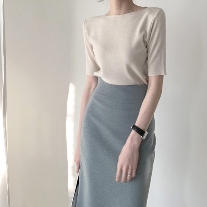 레티고 보트넥 슬림 레이어드 니트 티셔츠