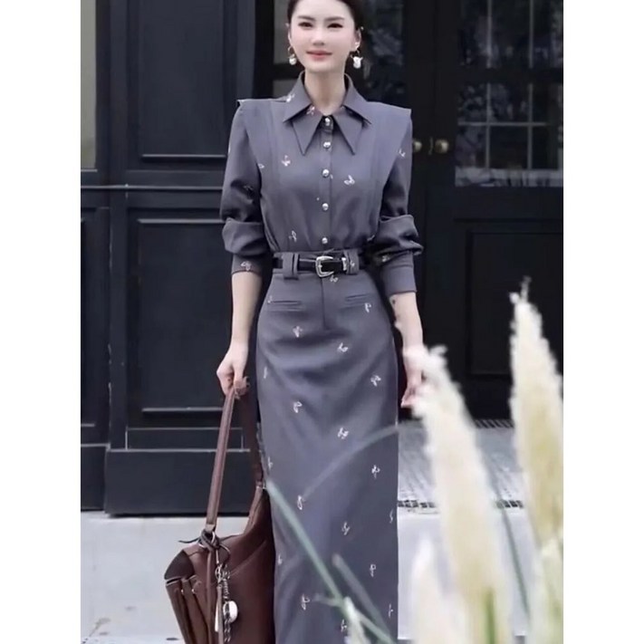 녕동 여성 자수 나비 셔츠 롱 스커트 투피스 슬림핏 긴팔 남방 A라인 롱 치마 오피스룩 하객 스커트 우아한 원피스