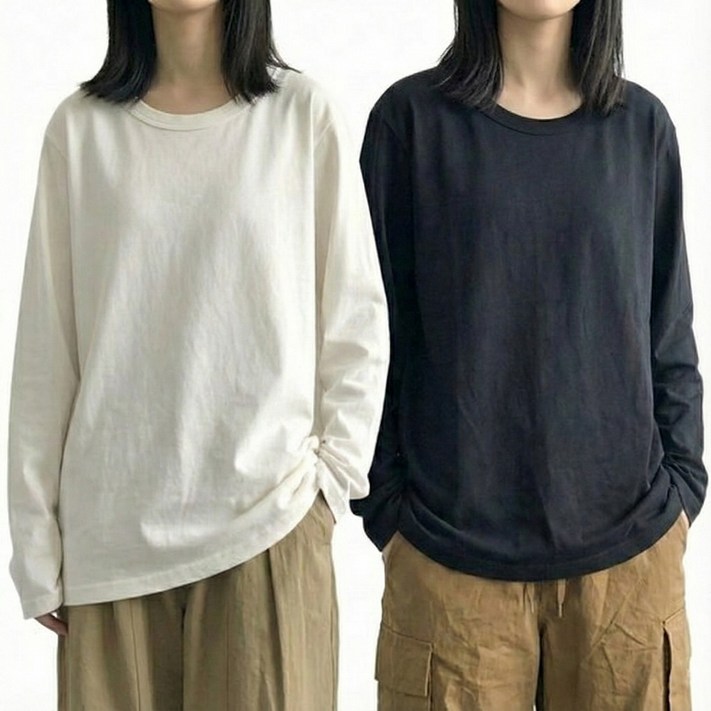 지디오 여성 긴팔 무지티 2개 세트 오버핏 티셔츠 힙커버 레이어드 기본티 쭉티 봄 가을