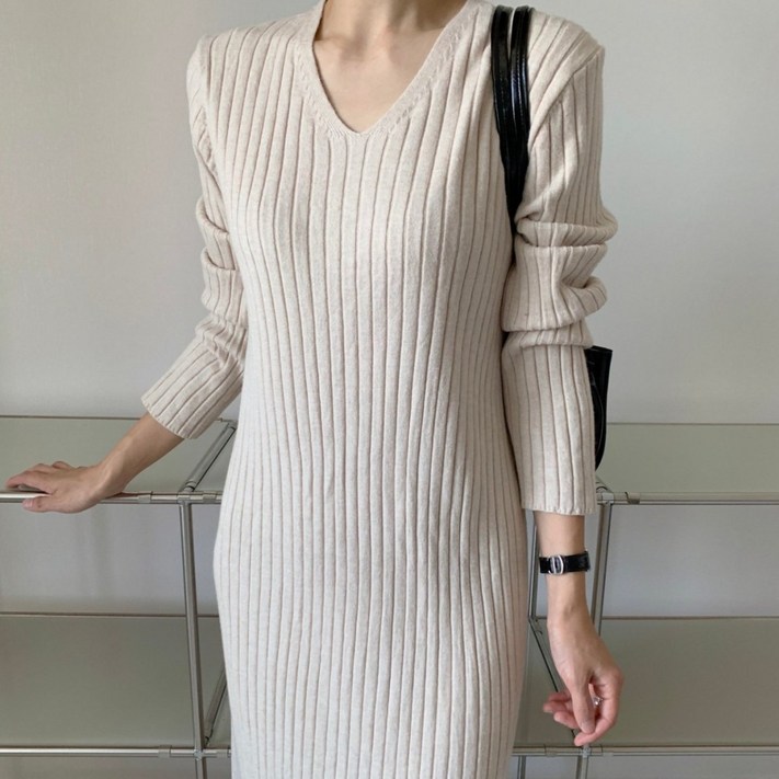 요정 베이직 골지 브이넥 니트 원피스3color허리끈포함