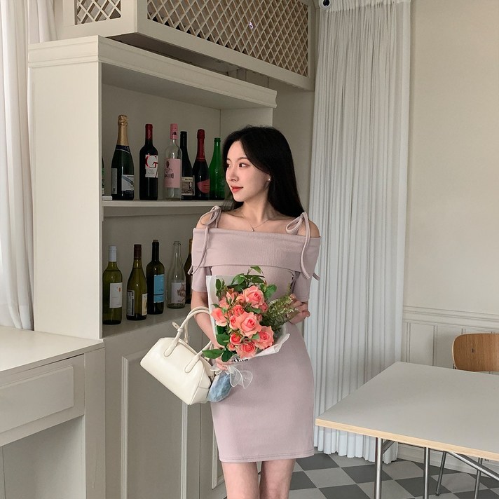시크블랙 노미헤 리본 오프숄더 골지 반팔 미니 원피스 cpops9765k42