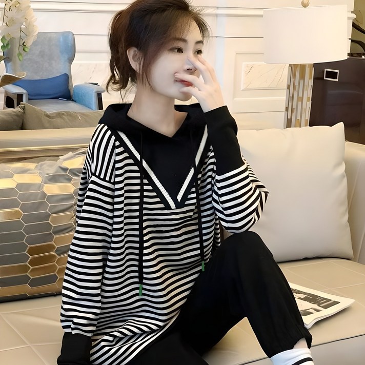 여성 줄무늬후드티 브이넥후드티 단첼후드티