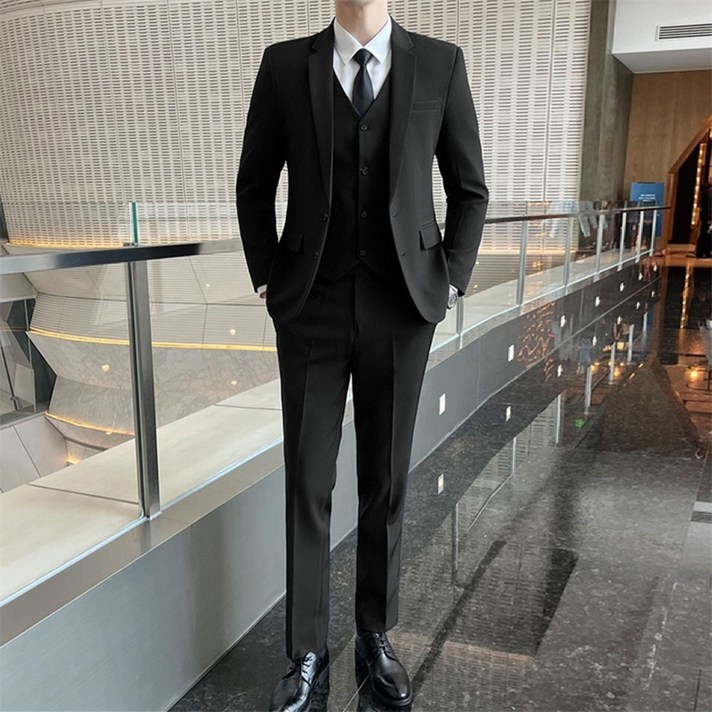 남성 정장 세트 투버튼 자켓 캐주얼 수트 하객룩 면접 결혼식 블랙수트 5피스 코트바지조끼화이트셔츠넥타이 세트