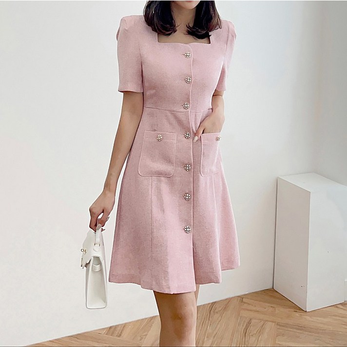 린클 트위드 스퀘어넥 버튼 자켓  여름 하객 플레어원피스 3color