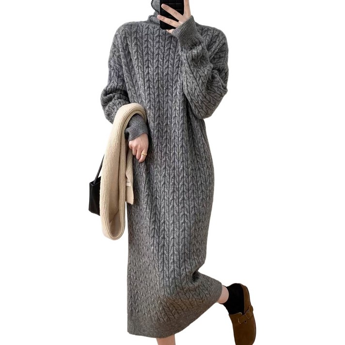 예니브 두꺼운 하이넥 단색 니트 드레스 가을 겨울 롱 터틀넥 베이스 니트 원피스