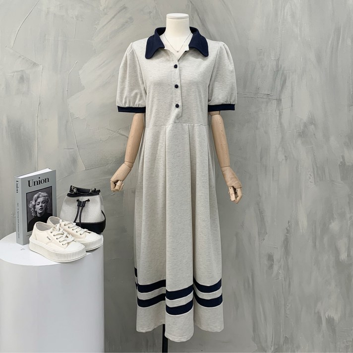 행복여 베티 벌룬 소매 배색 카라 롱 원피스