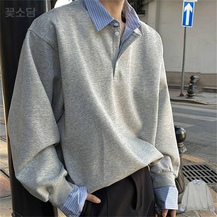 꽃소담 남자 오버핏 캐주얼 맨투맨 긴팔 카라넥 티셔츠