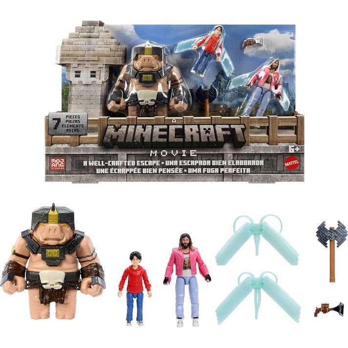Minecraft Mattel 스토리 세트, 액션 피규어 3개 및 액세서리 4개, 영화에서 영감을 받은 잘 만들어진 탈출 피규어 팩, 장난감 수집용