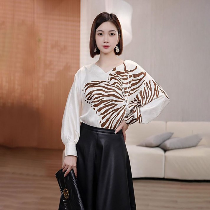 지고다그 여성용 봄 가을 스트라이프 프린트 브이넥 블라우스 루즈핏 긴팔 셔츠 ZK3009