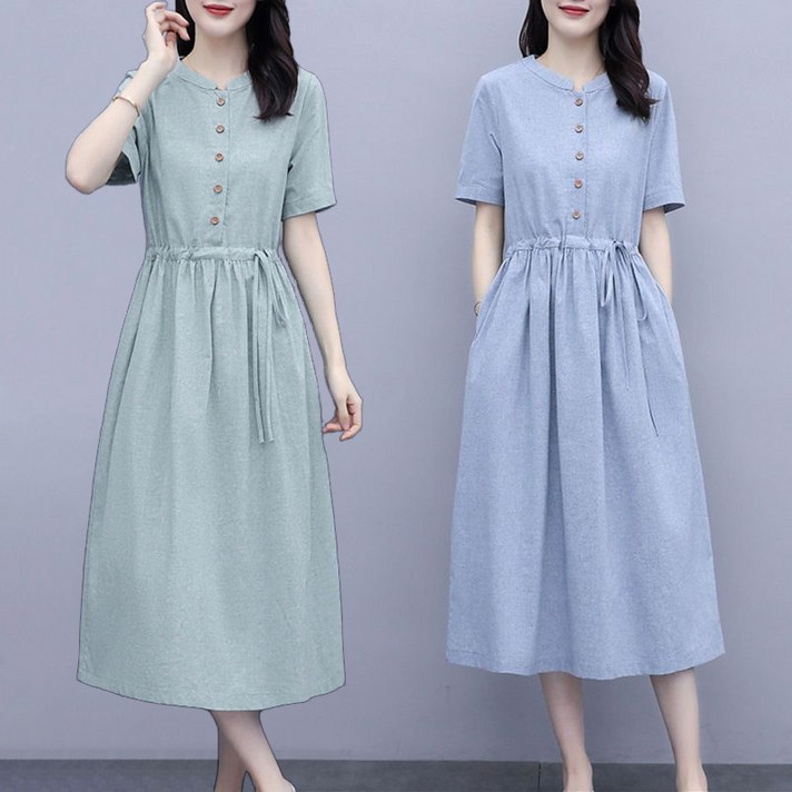 40대50대 반팔 면 마 원피스 여름 빈티지 스트링 린넨원피스 시원한 단추 롱치마
