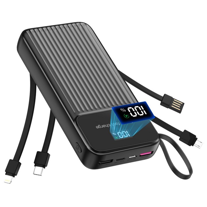 THOUSTA 대용량 보조배터리 20000mAh 4개 충전선 내장됨 일체형 고속충전PD QC3.0 22.5W보조밧데리, 블랙 THOUSTA 대용량 보조배터리 20000mAh 4개 충전선 내장됨 일체형 고속충전PD QC3.0 22.5W보조밧데리, 블랙