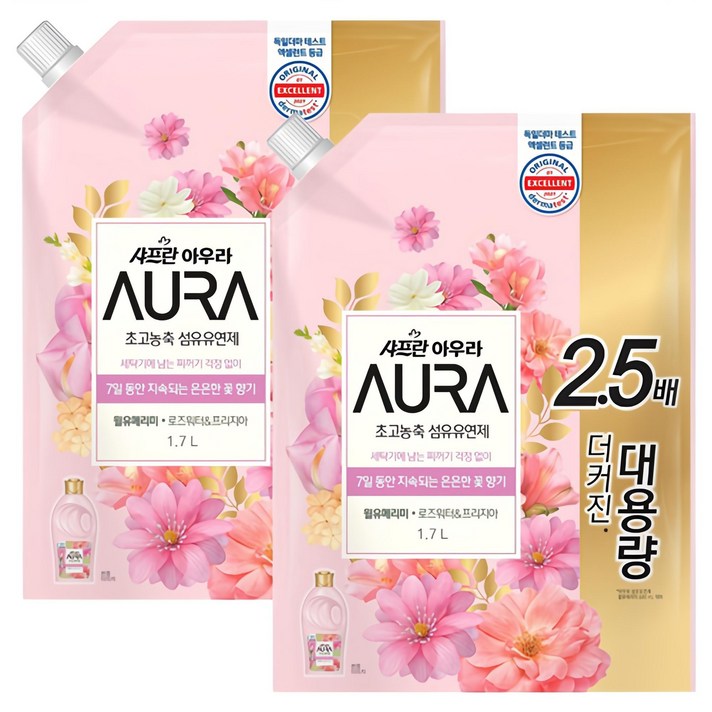 아우라 초고농축 섬유유연제 윌유메리미 로즈워터 앤 프리지아 향 리필, 1.7L, 2개