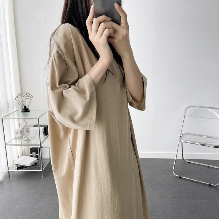 레이디스룸 자체제작 댕편해 7부 빅사이즈 오버핏 무지 롱 원피스