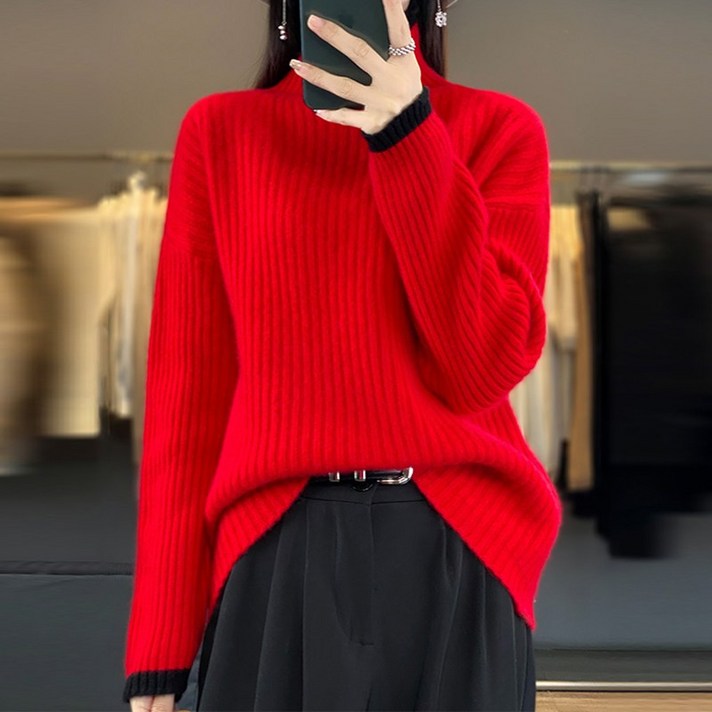 스타일아유 양모100 여성 가을겨울 하이넥 배색 포인트 기본 보온 편안한 통근 심플 이너니트 KN2224