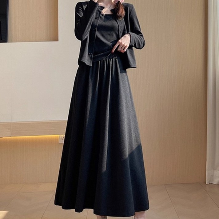 별하늘 여성의류 간절기 니트 쇼트 카디건 치마 봄가을 세트 스리피스