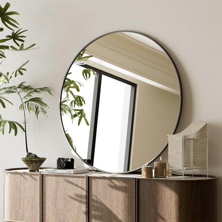 뷰티피크 화장대 거울 원형 벽걸이형 욕실거울 610mm, 블랙