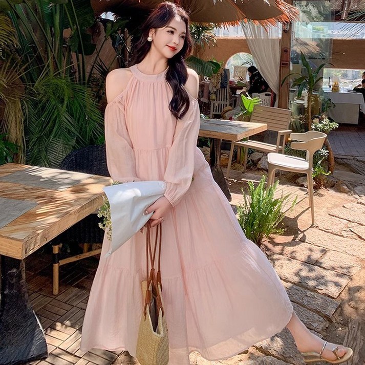 Akimu 여성 홀터넥 오프숄더 쉬폰 루즈핏 플레어 롱 원피스