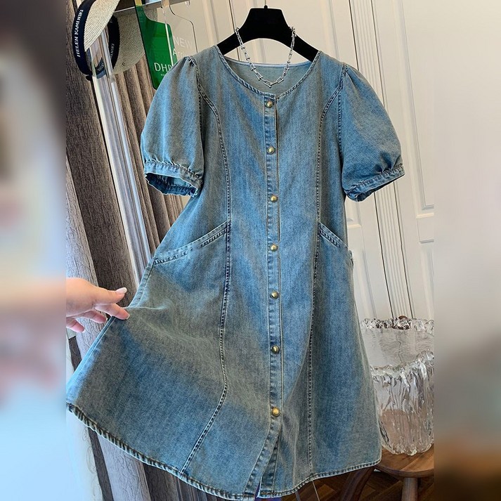 지고다그 여성용 여름 브이넥 데님 퍼프소매 원피스 슬림핏 허리라인 청치마HH1146