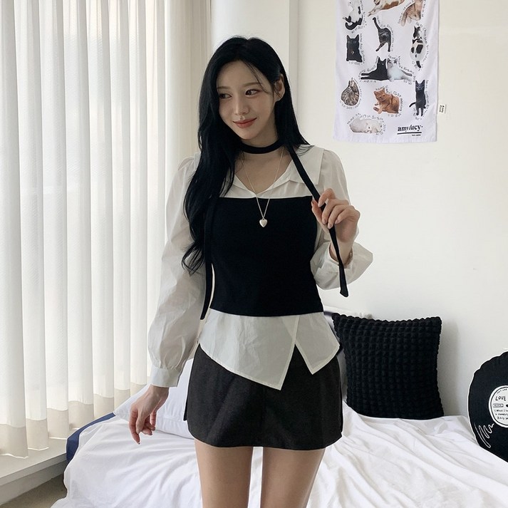 [핏강추/레이어드/2col] 리즌 일체형 뷔스티에 니트 셔츠 타이 머플러 세트