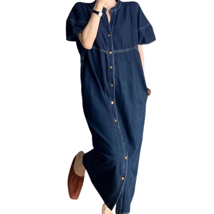 여성 루즈핏 퍼프소매 반팔 데님원피스