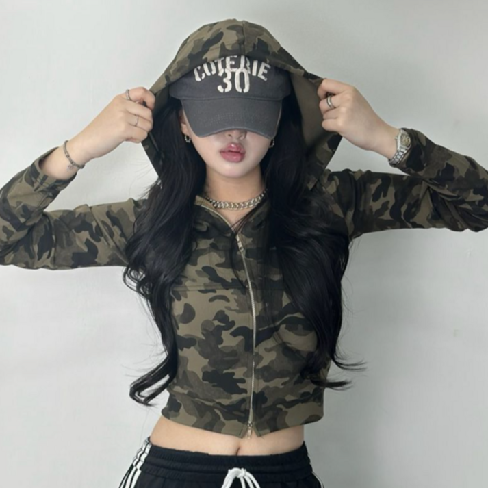 밀리터리 카모 후드집업 슬림 크롭 투웨이 후드집업