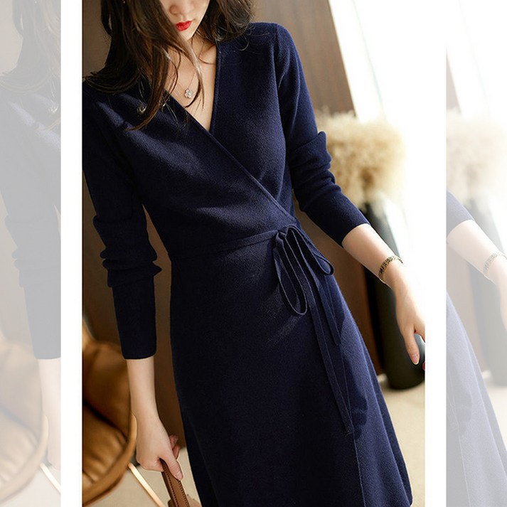 해피유통여성 봄가을 V넥 니트 랩 원피스 허리끈 우아한 슬림핏 LWJ