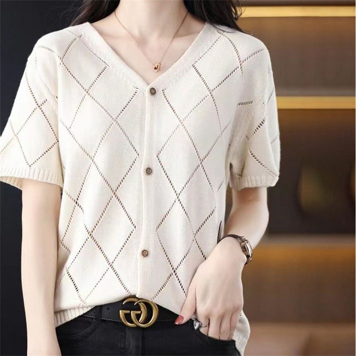 besteffie 여성용 봄가을 V넥 반팔 니트 가디건 다이아몬드 패턴 캐주얼 스타일 K85