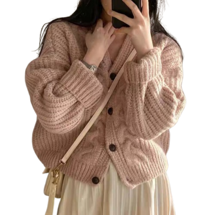 비비에모 여성용 오르쉐 브이넥 꽈배기 루즈핏 니트 가디건 10795