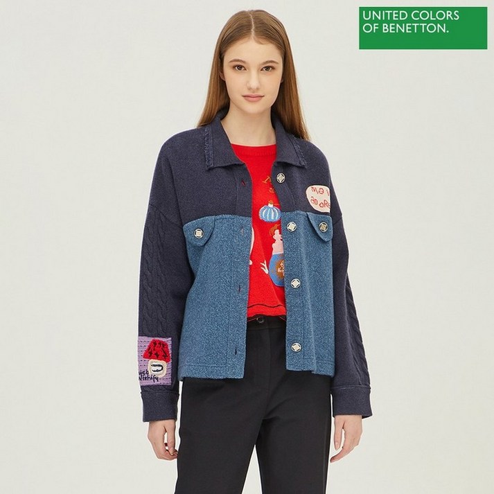 베네통 아울렛 케이블 소매 트러커 니트 가디건 BAKCB3361NY 707277