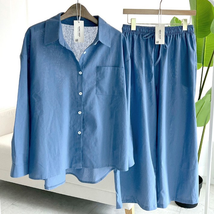 네모엔룩 여성용 린넨셋업 16색상 블라우스팬츠 셔츠카라 밴딩 와이드 여름 린넨면 세트 투피스 NL