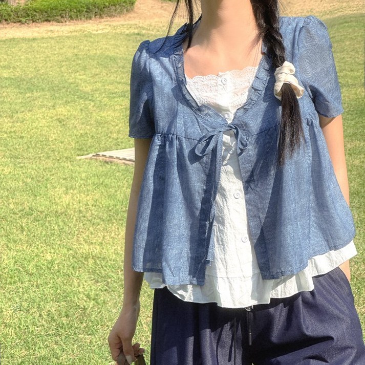 모던허니 여름 루즈핏 레이어드 프릴 반팔 블라우스 셔츠 남방 프릴 오버핏