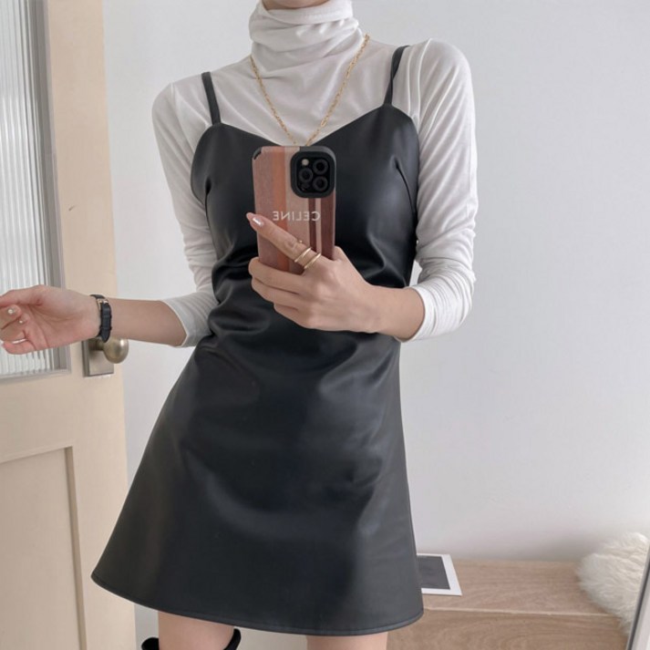 시크한 레자 가죽 레더 A라인 뷔스티에 레이어드 미니원피스