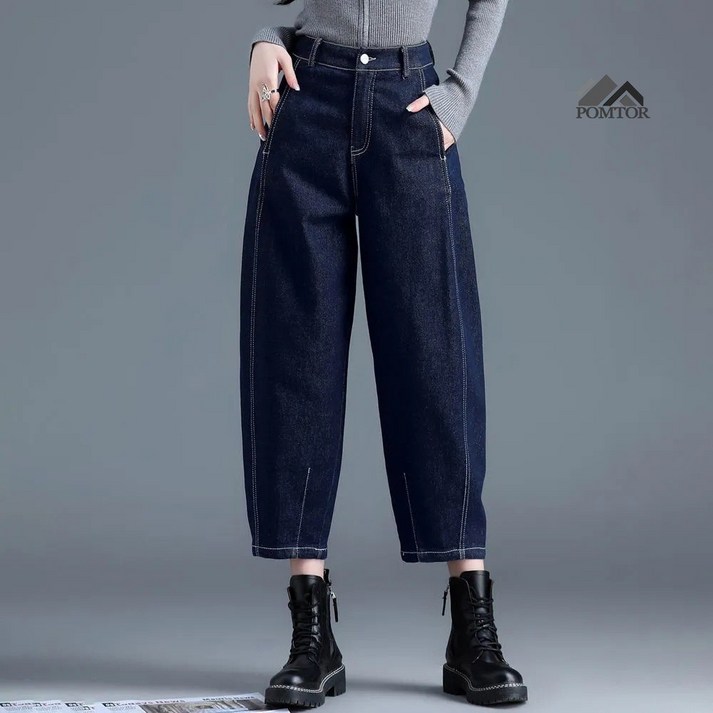 POMTOR 여성 편한 워싱 와이드 데님 팬츠 빅사이즈 배기 청바지