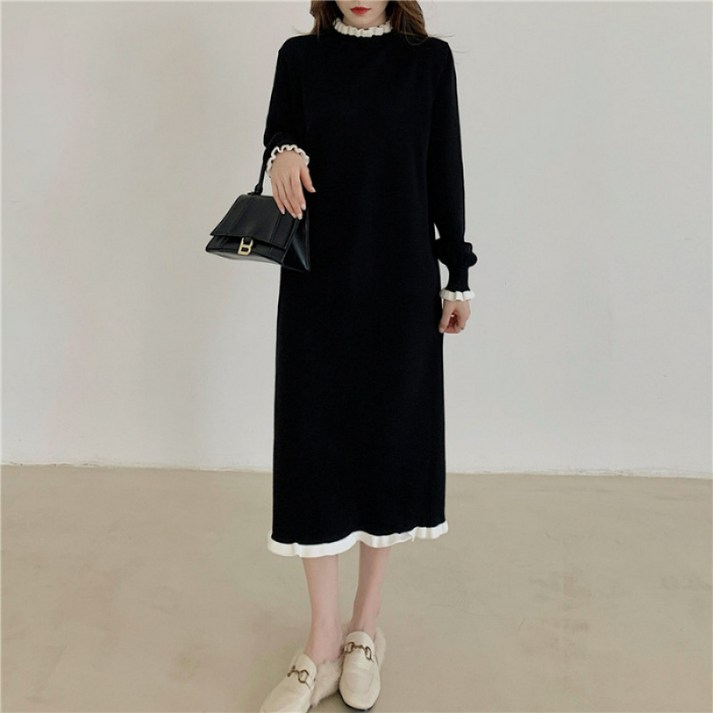 COSYEVNO 여성 원피스 가을 니트 라운드 코듀로이 레이스 패치 빅사이즈 심플 패션 편안한 일자 미디 롱스커트 CXJqz-08