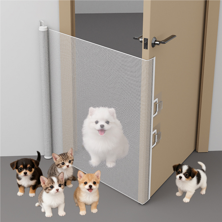 Clevoria 무타공 슬라이딩 반려동물 안전문 메쉬 길이조절 반자동 고양이 강아지 펫 울타리