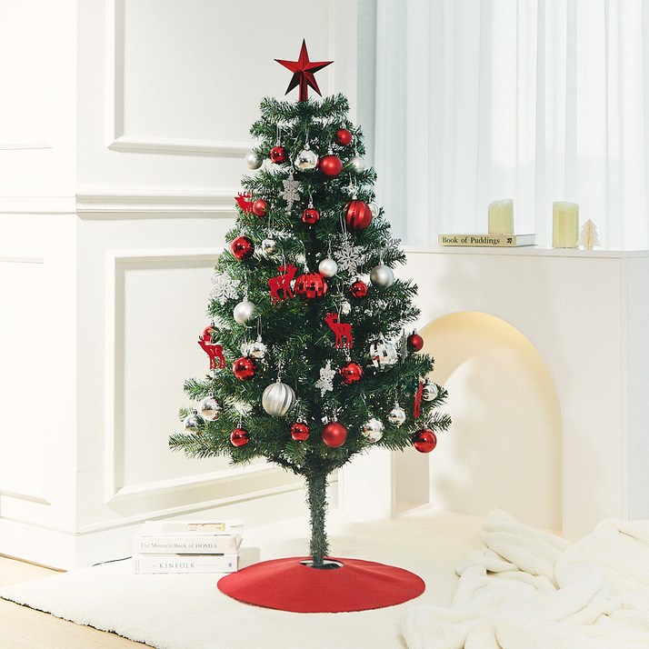 크리스마스 갓성비 PVC 그린팁 트리 + 오너먼트 + 별토퍼 + 트리스커트 풀세트, 레드실버, 150cm