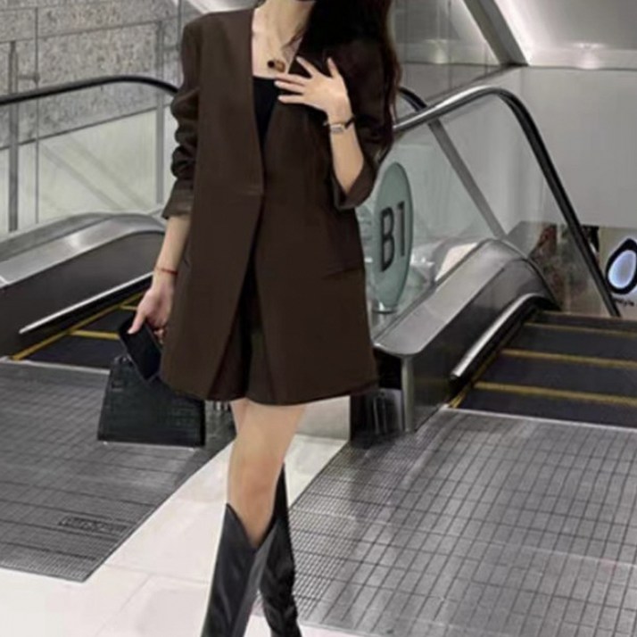 페이퍼먼츠 슬림 반바지  노카라 재킷 투피스 세트 06791