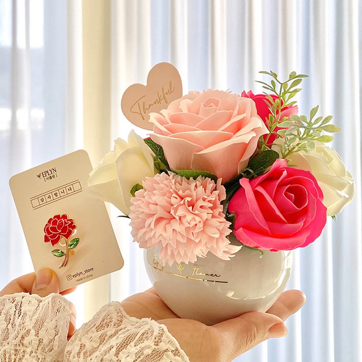 이플린 어버이날 비누꽃 화분 + 큐빅 카네이션 브로치 세트