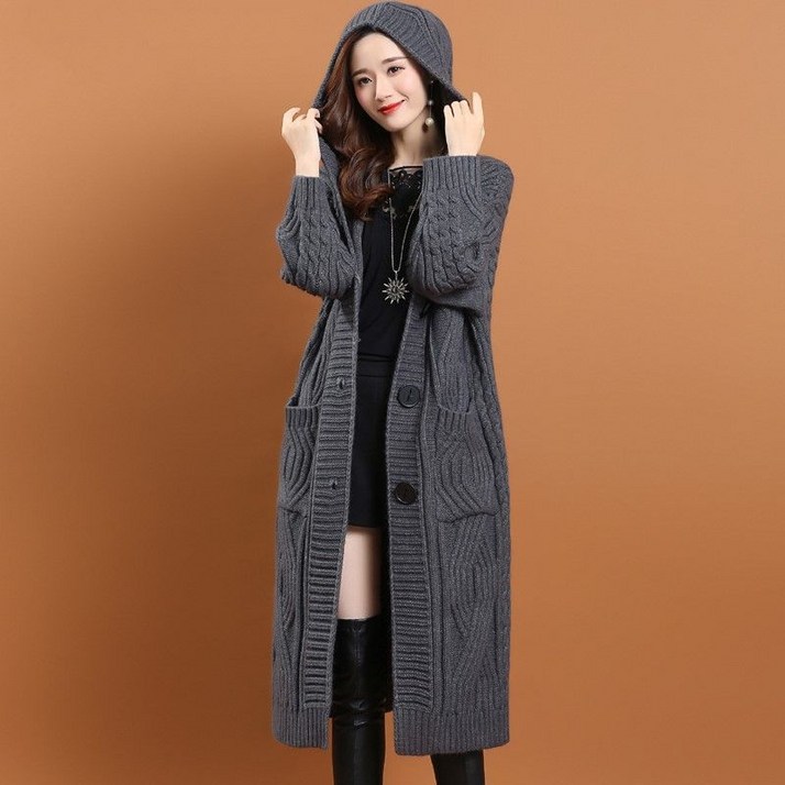 여성 겨울 니트가디건  후드 루즈핏 트위스트짜임  데일리 포켓 롱 아우터