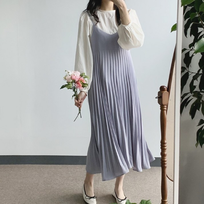 [여리핏] 데이지클로젯 위위 플리츠 브이넥 뷔스티에 나시 롱원피스 / 봄 여름 가을 간절기 민소매 A라인 플레어 레이어드 끈원피스 기본템 여성 여자 부드러운 오버핏 청순 데일리룩