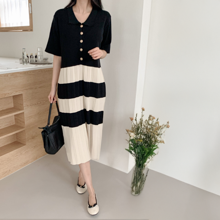 낭만고양이 임산부원피스 하객룩 빅사이즈 스트라이프 롱 니트 블랙원피스