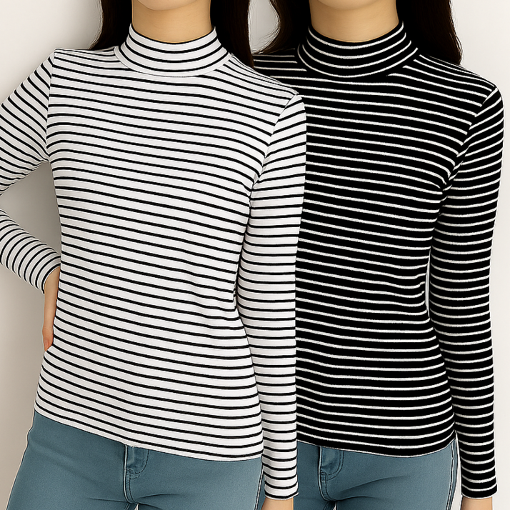 디어스킨 여성 스트라이프 폴라티 목티 긴팔 티셔츠 2p