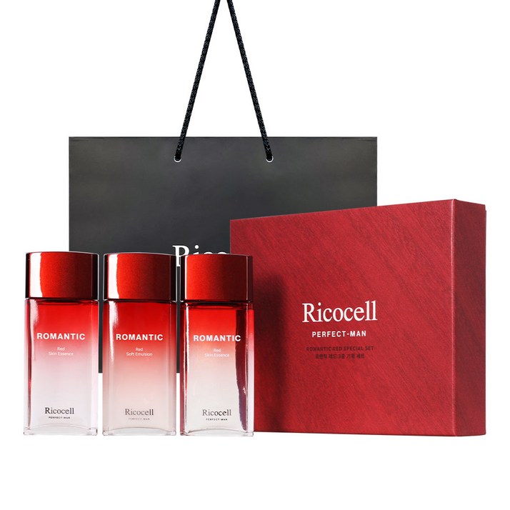 리코셀 퍼펙트맨 로맨틱 레드 3종 기획 세트+쇼핑백/남성 스킨 로션 150ml 미백 주름개선 기능성 대용량 선물세트, 2세트