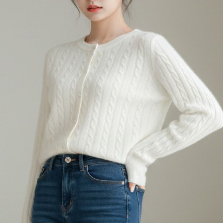 YEON HOME 여성 꽈배기 니트 라운드 가디건 데일리